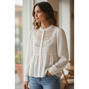 Floreat Women Top 4 Ivory Lace Gold Stripe Peasant Cottagecore Classic Feminine